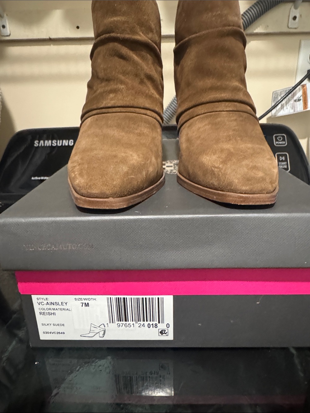 Samsung Tan Suede Block-Heel Ankle Boots